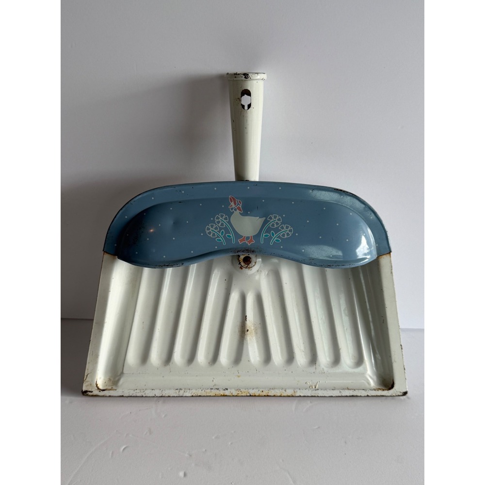 Vintage J.V. Reed Metal Dustpan Blue White Goose Bonnet Polka Dot Farmhouse USA